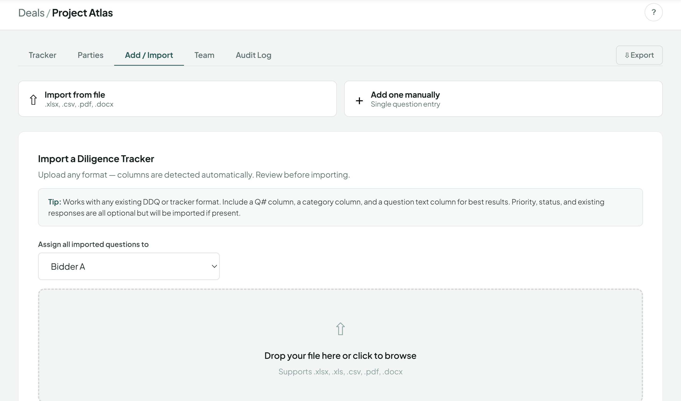 Import a diligence tracker