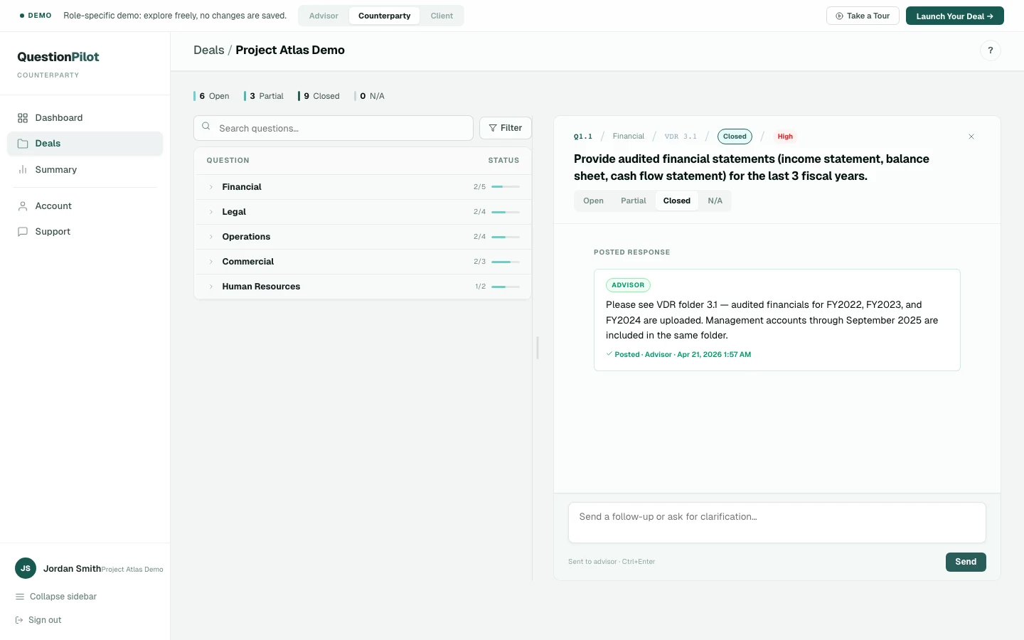 Question Pilot activity screen showing advisor-reviewed Q&A posting activity.