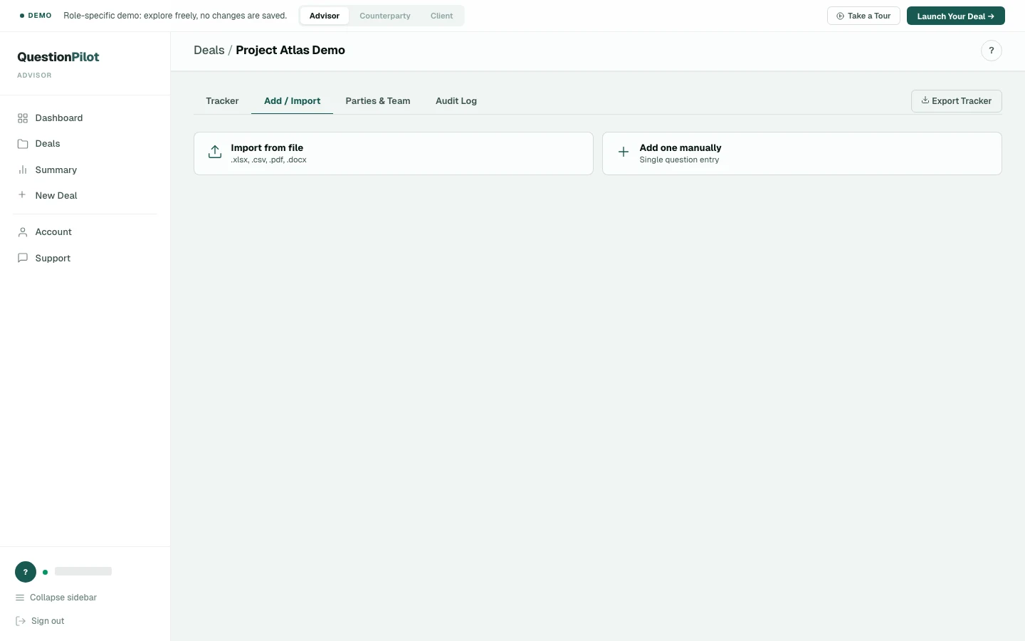 Question Pilot import screen for adding diligence questions.