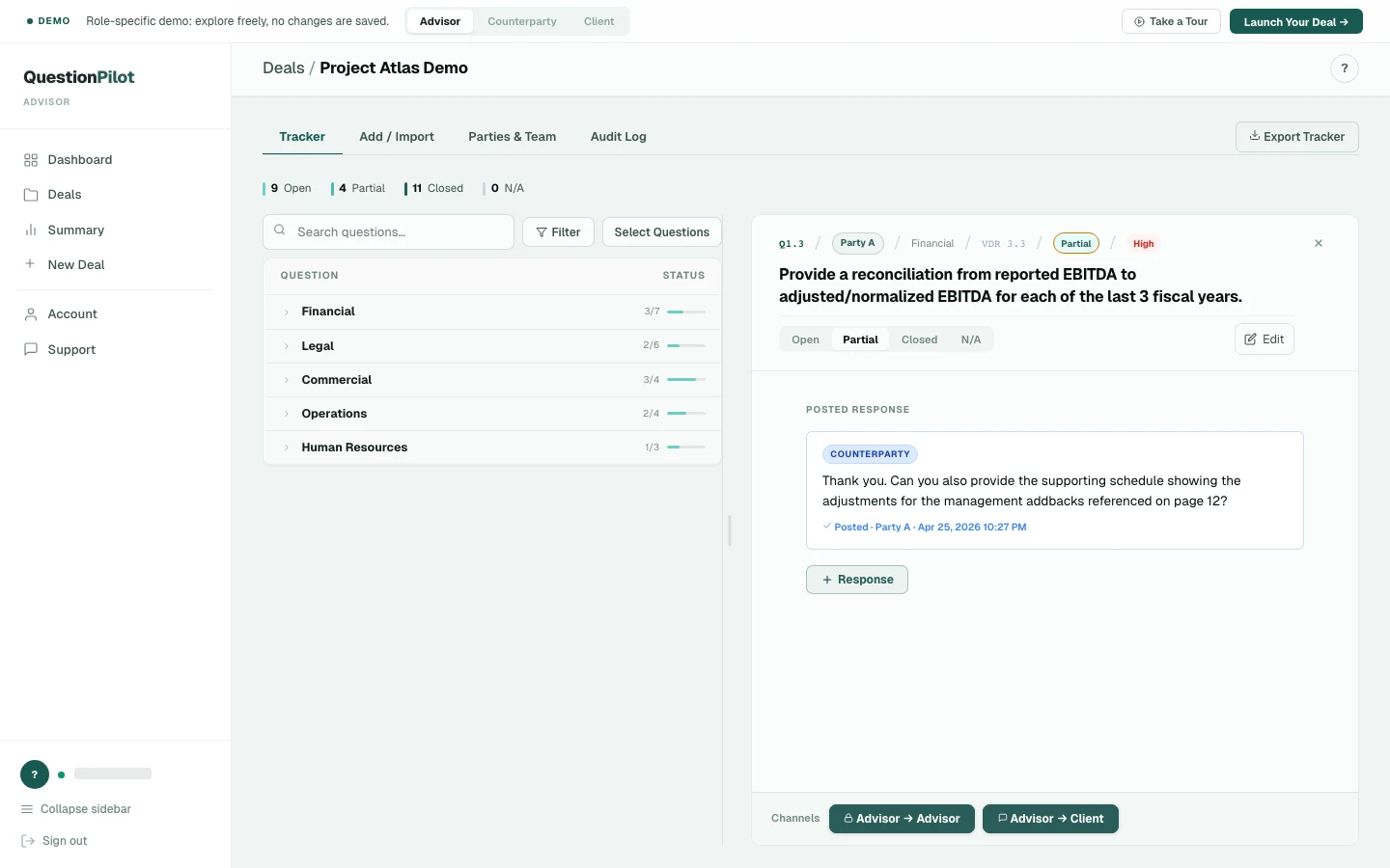 Question Pilot tracker screen showing diligence questions, owners, status, and history.